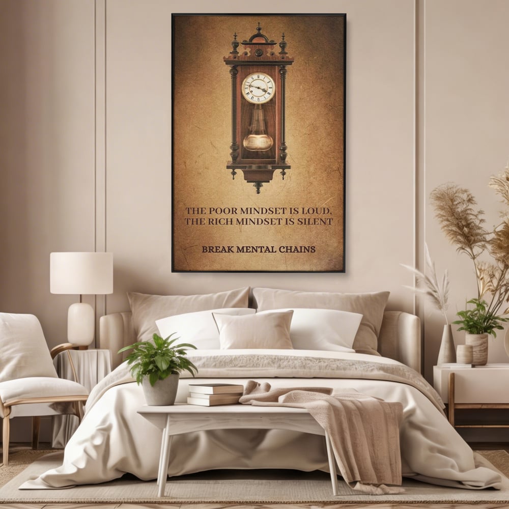 Tablou canvas cu tablou vertical cu ceas pendul vintage si mesaj motivational, in rama de aluminiu negru, pe perete intr-un dormitor